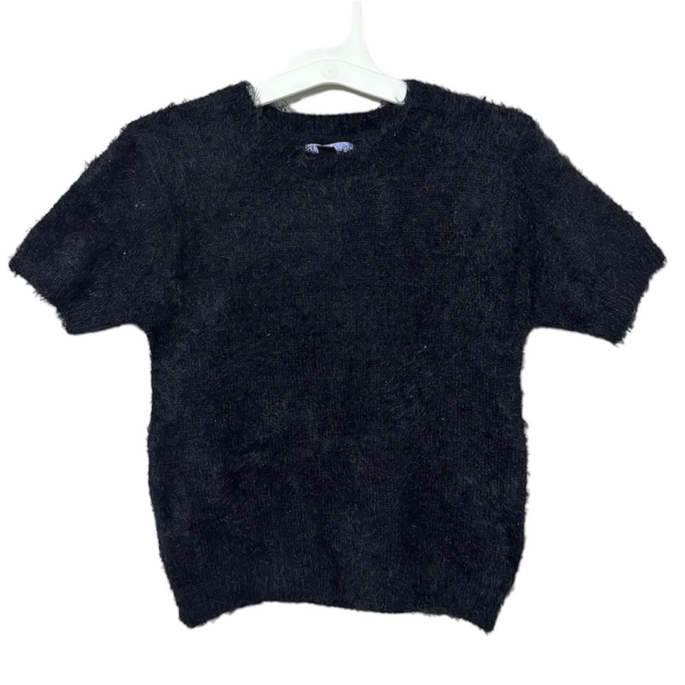 Girls Black Fluffy Knitted Short Sleeve Tee
